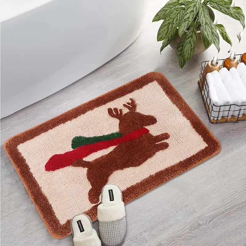 Graphic Christmas Bath Mat with Santa Snowman Design