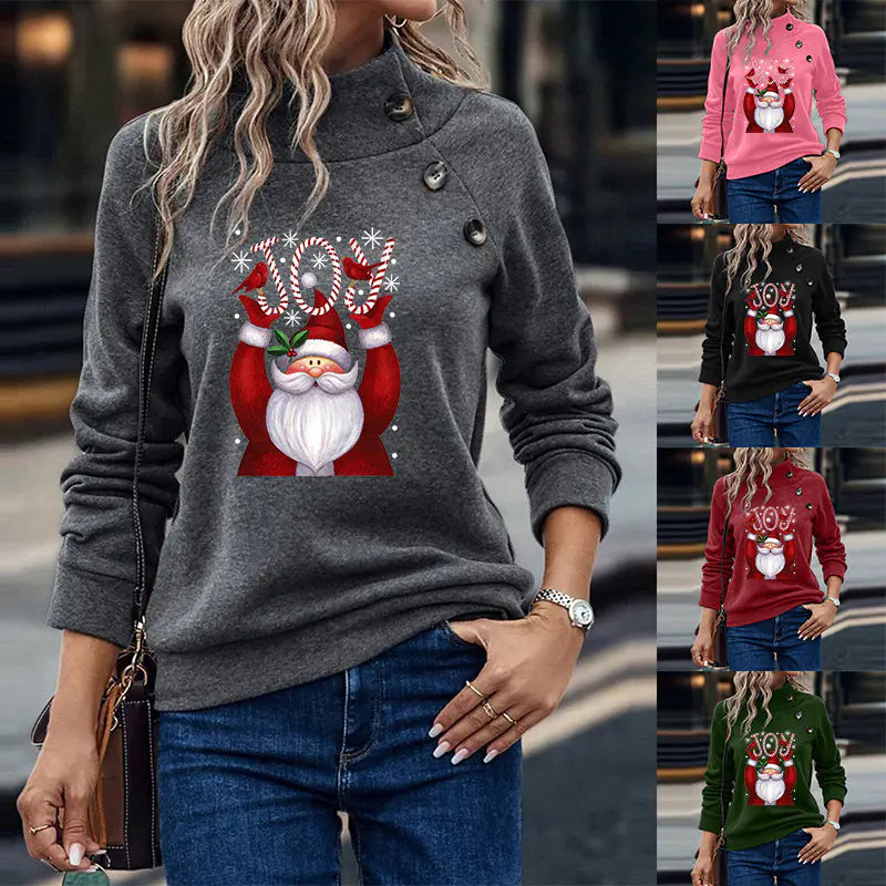Printed Button Christmas Long Sleeve Sweatshirt for Women