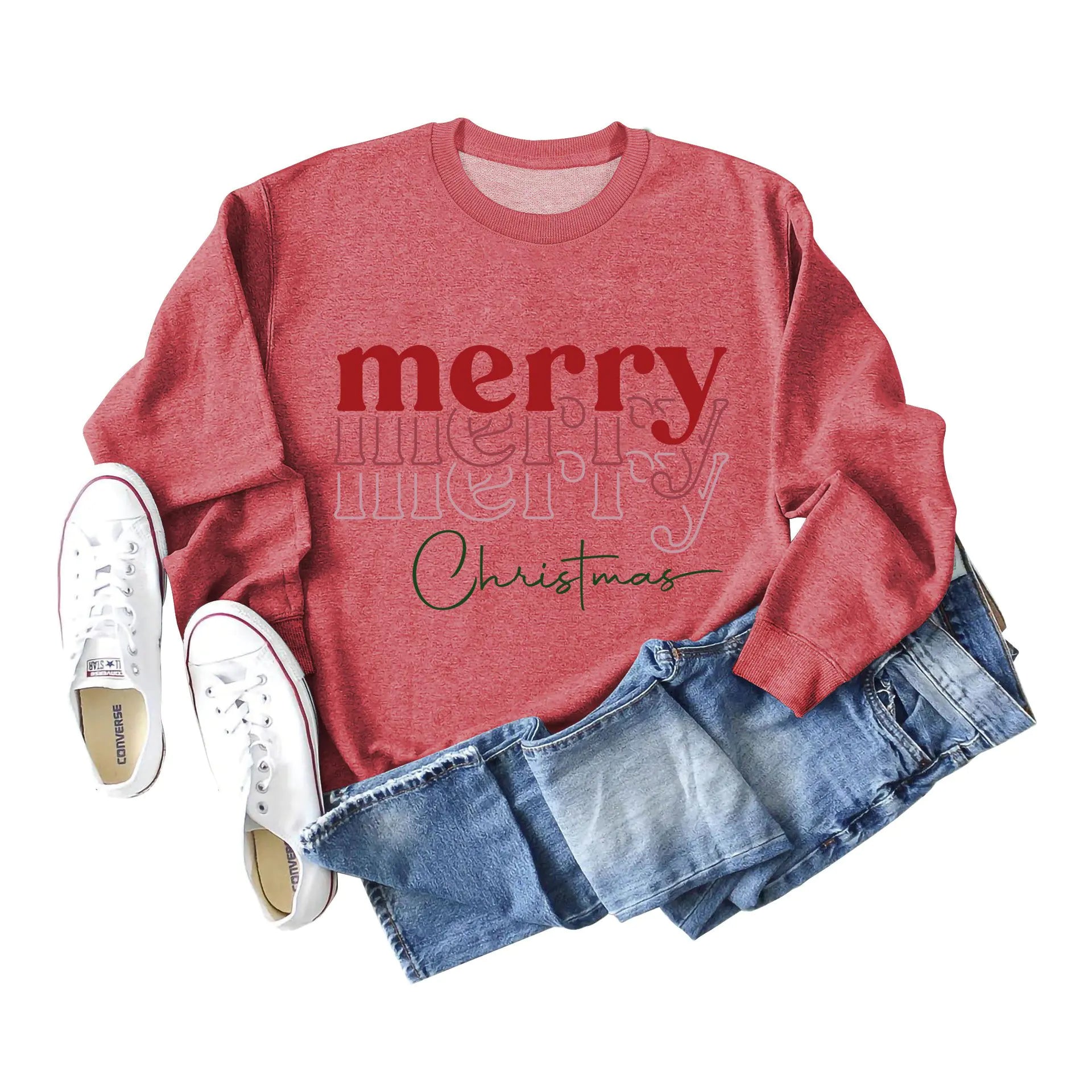 Letter Print Round Neck Long Sleeve Christmas Sweater