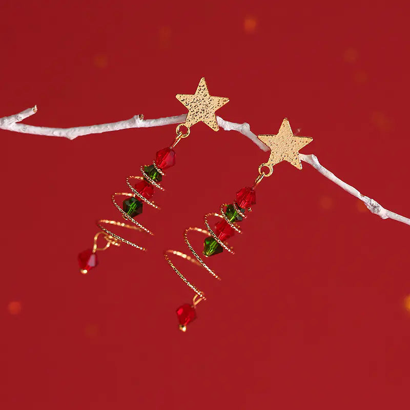 S925 Silver Christmas Tree Star Tassel Earrings