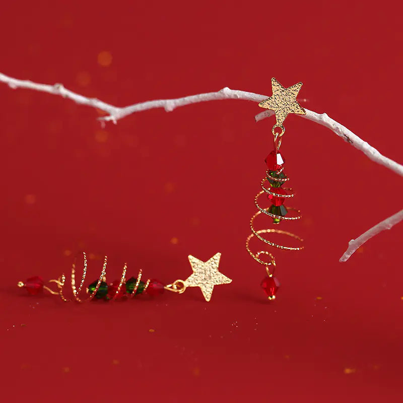 S925 Silver Christmas Tree Star Tassel Earrings
