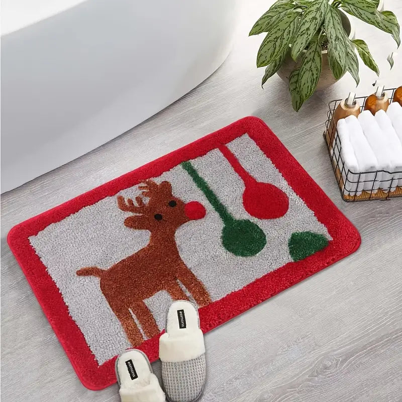 Graphic Christmas Bath Mat with Santa Snowman Design