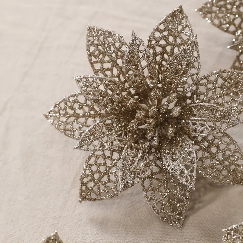 10pcs 4in Glitter Faux Flowers for Christmas Ornaments