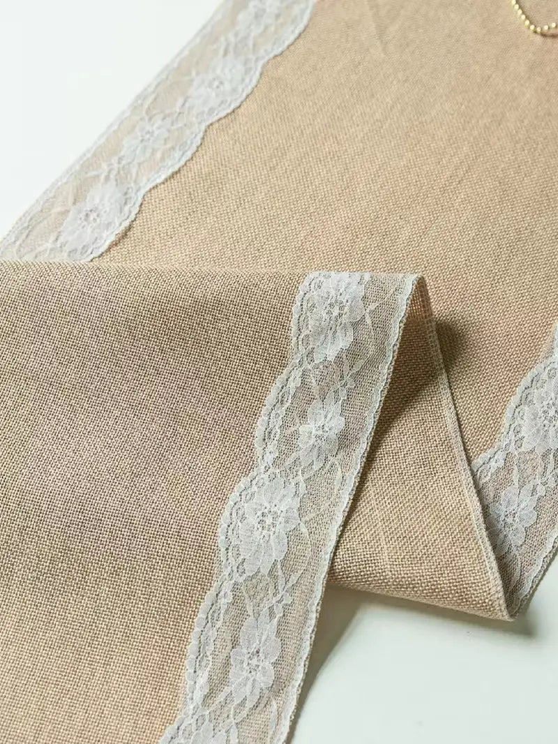Lace Trim Linen Table Runner for Christmas & Weddings