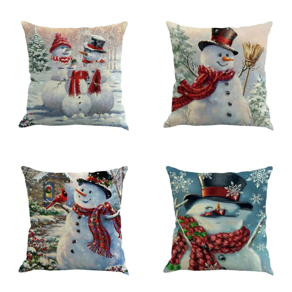 Christmas Snowman Cotton Linen Cushion Covers for Car