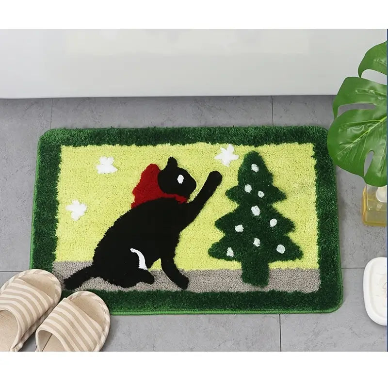 Graphic Christmas Bath Mat with Santa Snowman Design