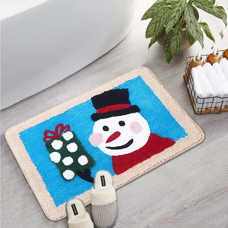 Graphic Christmas Bath Mat with Santa Snowman Design