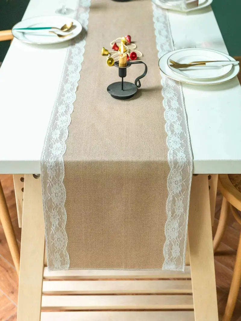 Lace Trim Linen Table Runner for Christmas & Weddings