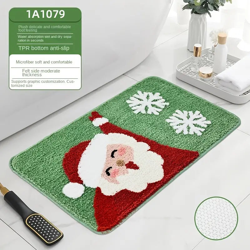 Graphic Christmas Bath Mat with Santa Snowman Design