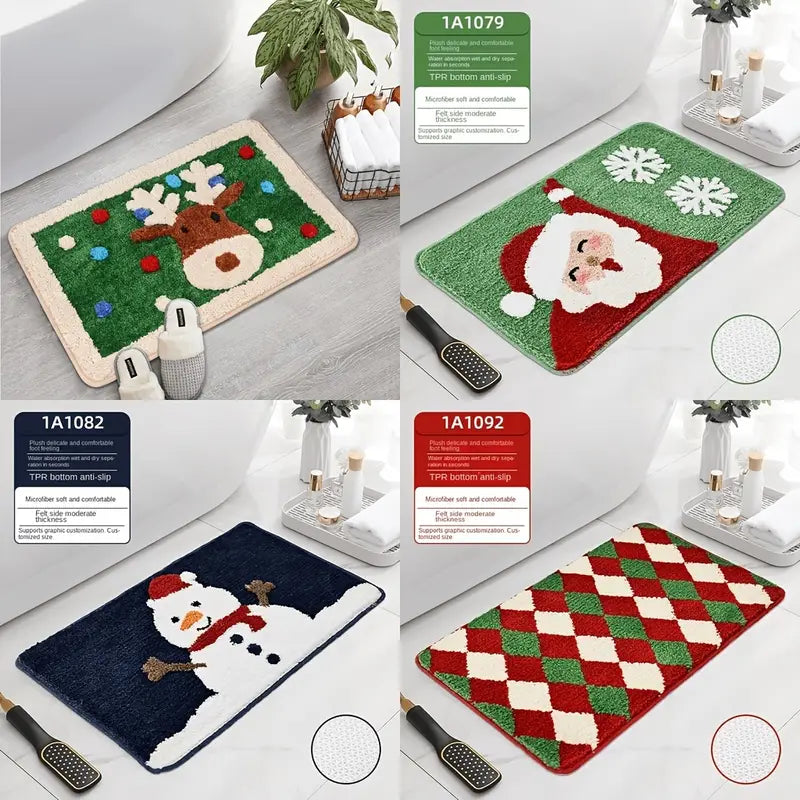 Graphic Christmas Bath Mat with Santa Snowman Design