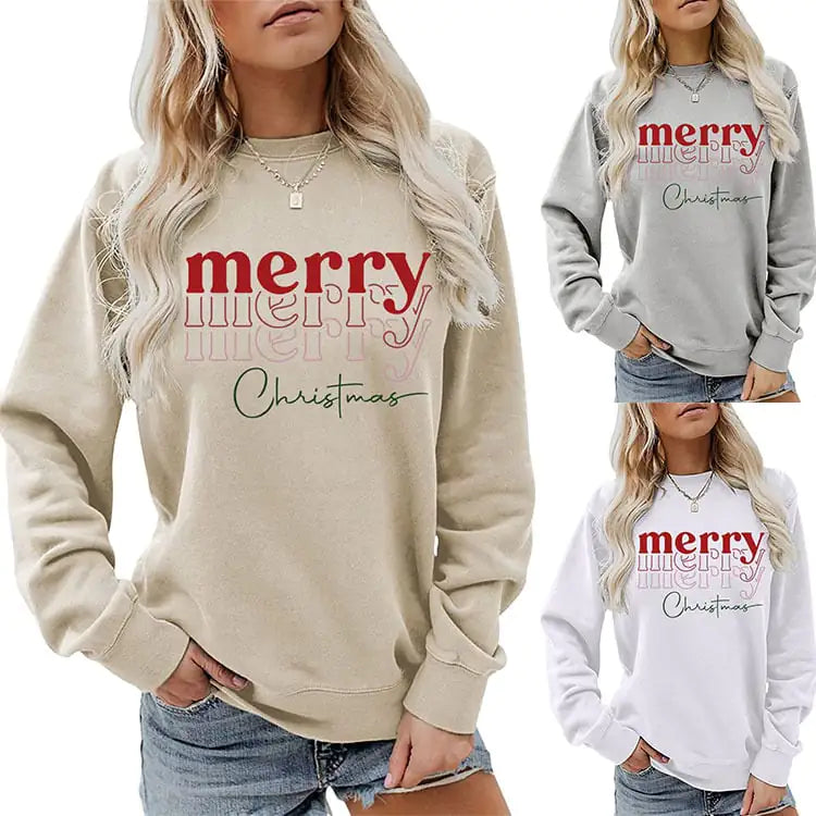 Christmas Letter Print Loose Long Sleeve Sweater for Girls