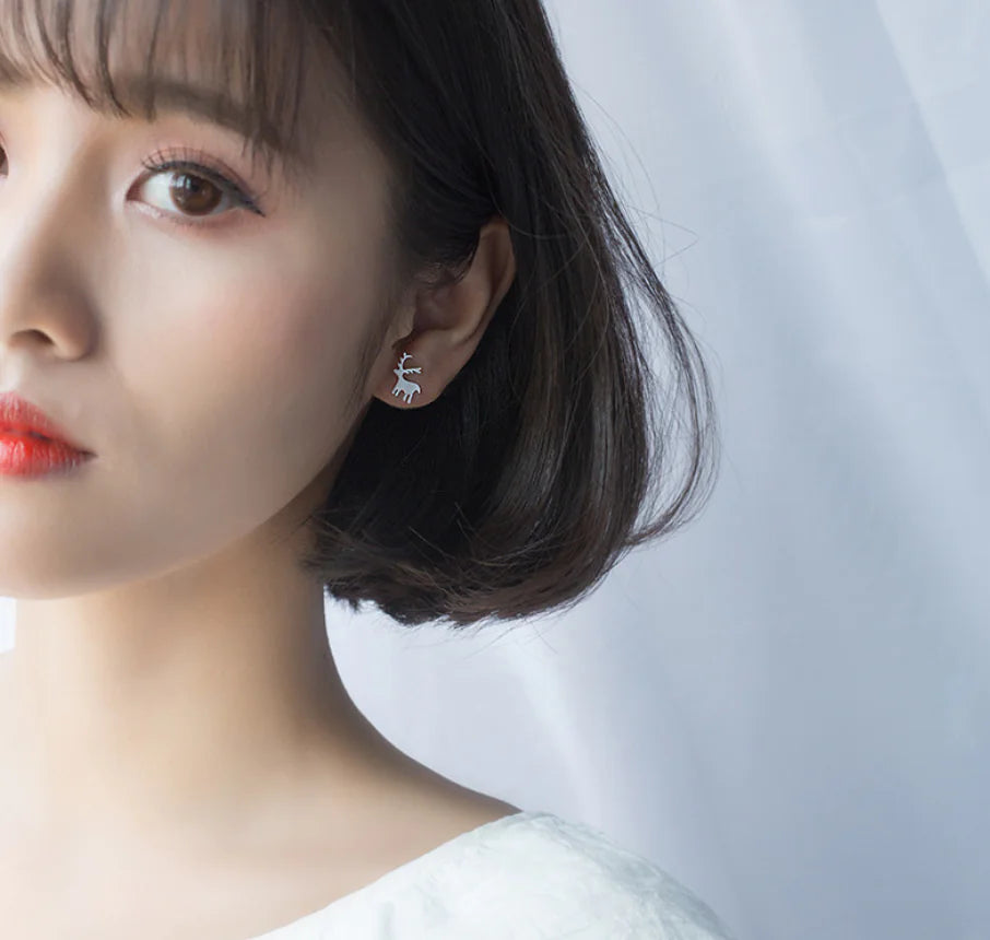 S925 Silver Christmas Tree Reindeer Stud Earrings