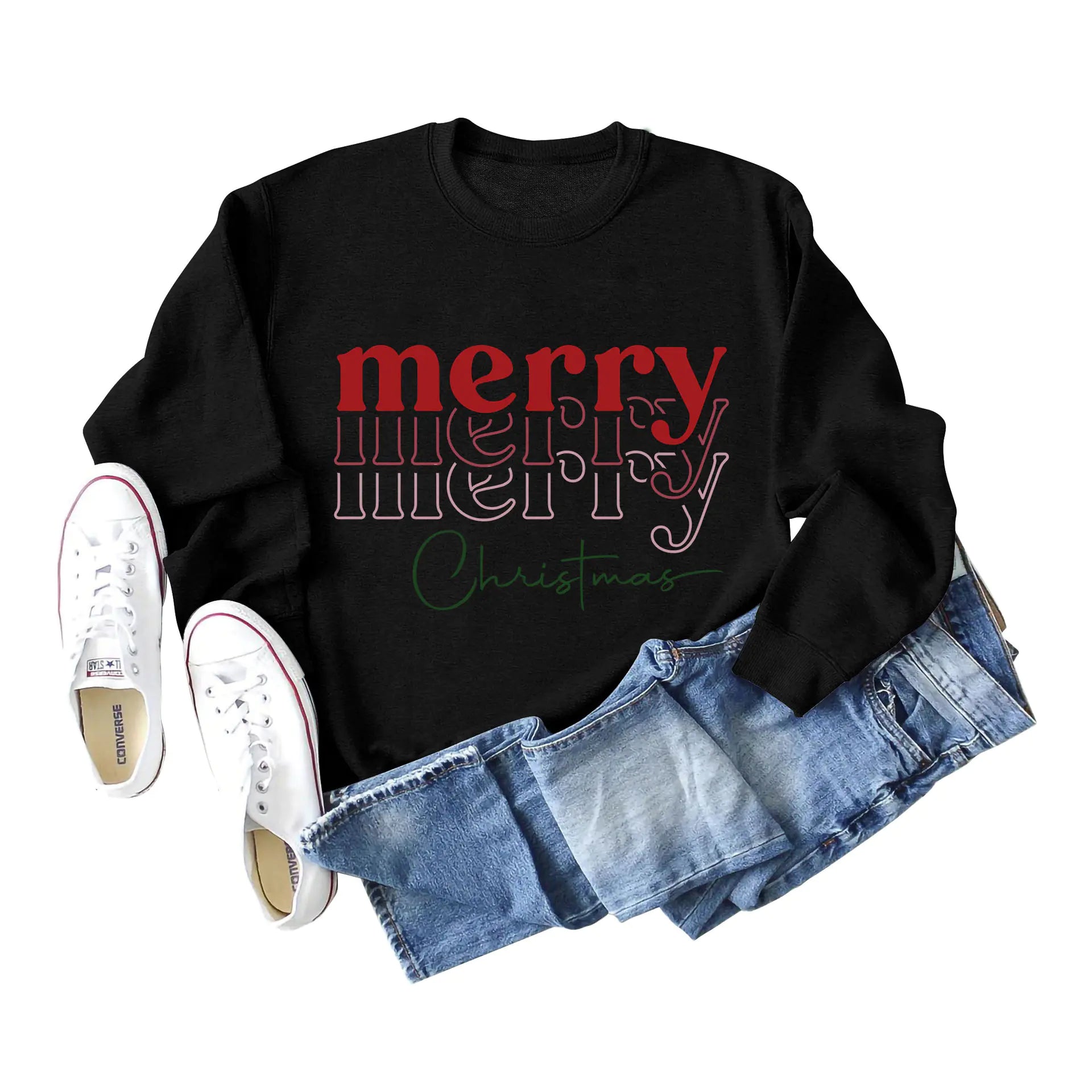 Letter Print Round Neck Long Sleeve Christmas Sweater