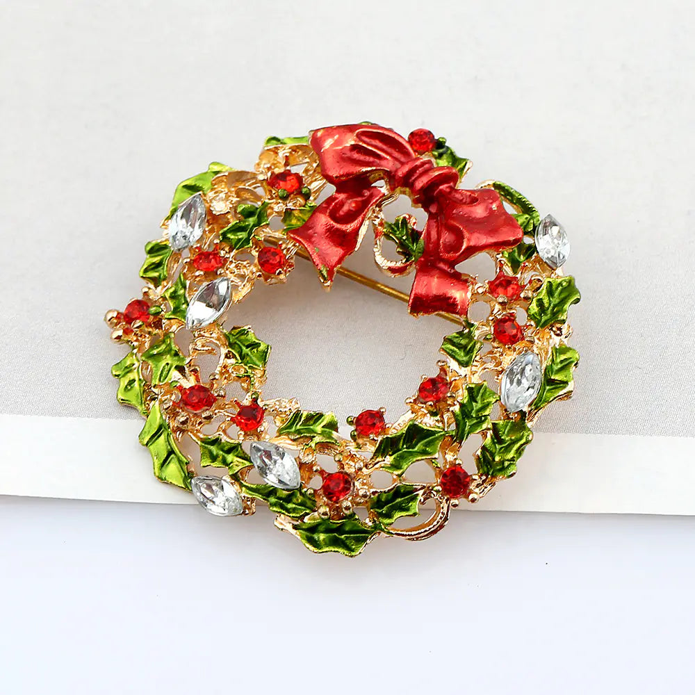 Colorful Rhinestone Bowtie Wreath Brooch for Christmas