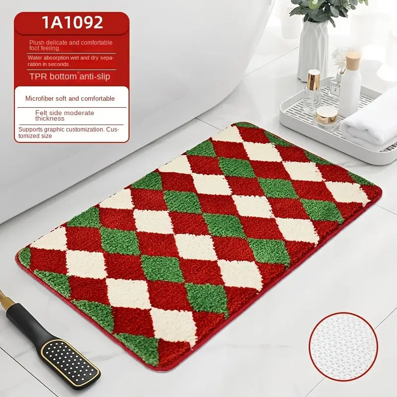 Graphic Christmas Bath Mat with Santa Snowman Design
