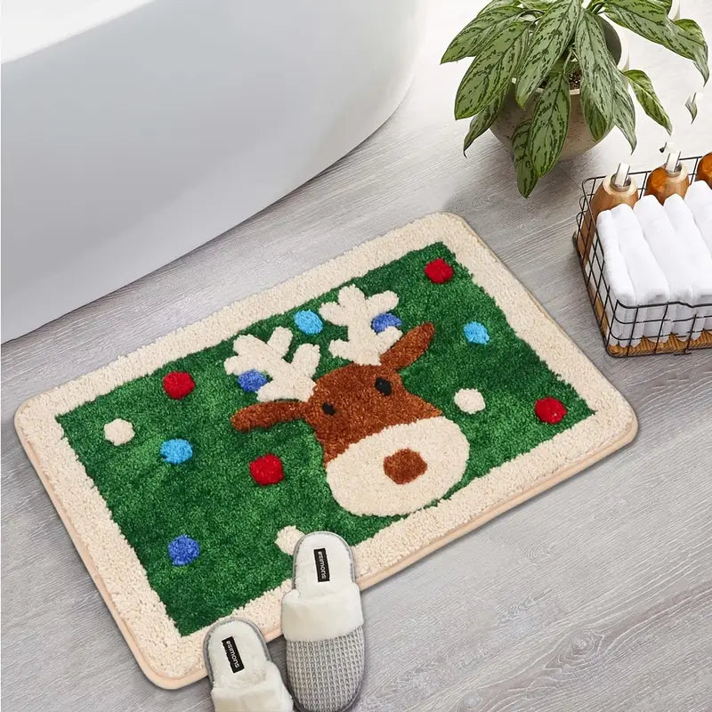 Graphic Christmas Bath Mat with Santa Snowman Design