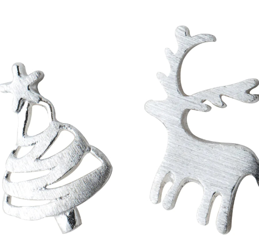 S925 Silver Christmas Tree Reindeer Stud Earrings