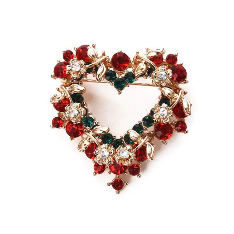Fashionable Christmas Heart Flower Brooch with Rhinestones