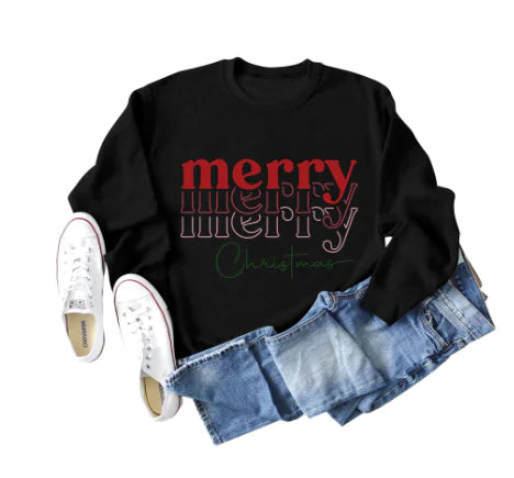 Christmas Letter Print Loose Long Sleeve Sweater for Girls