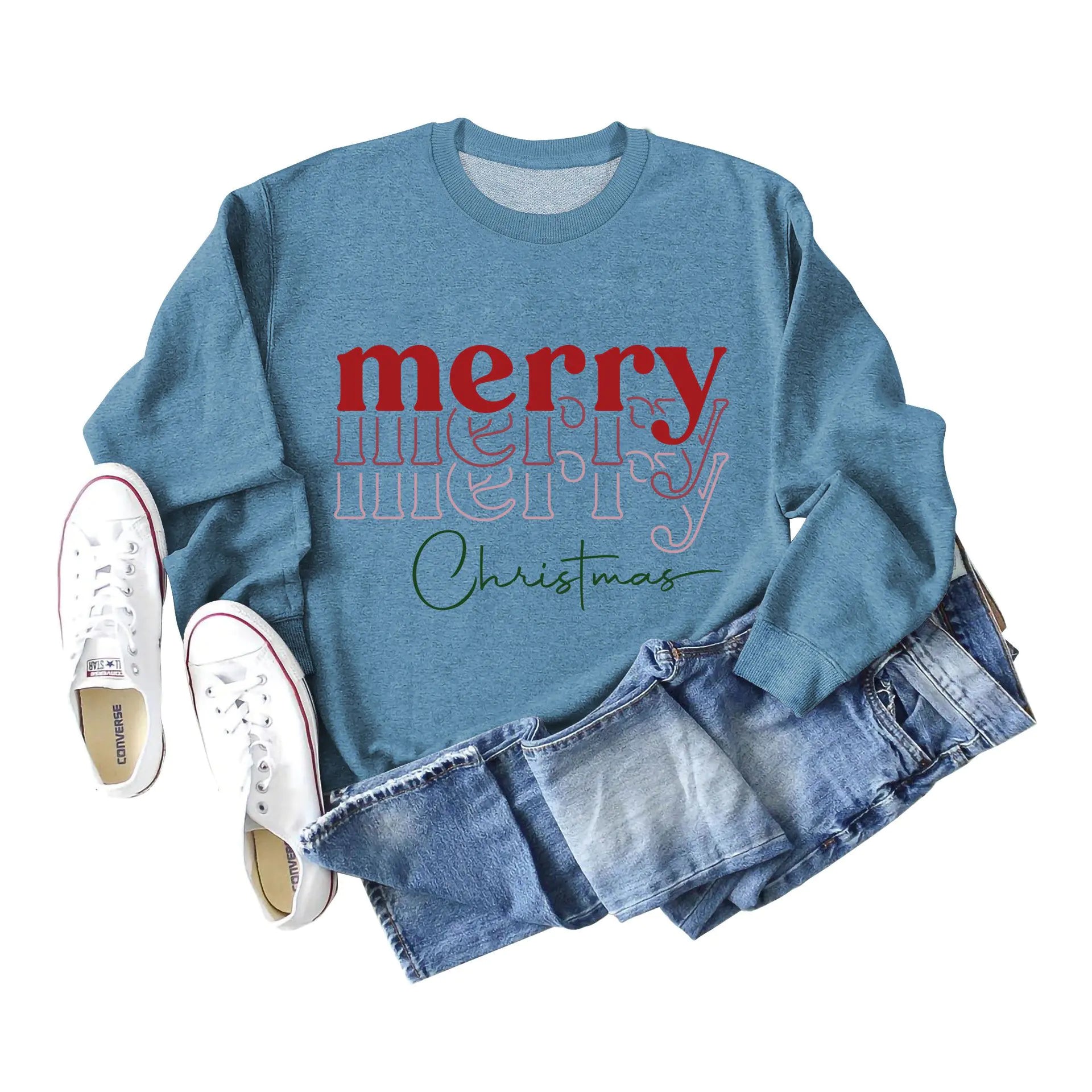 Christmas Letter Print Loose Long Sleeve Sweater for Girls