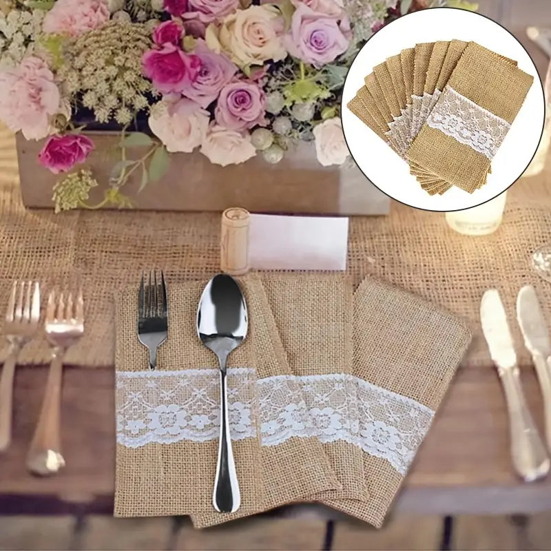Burlap Lace Knife Fork Bag for Weddings and Christmas