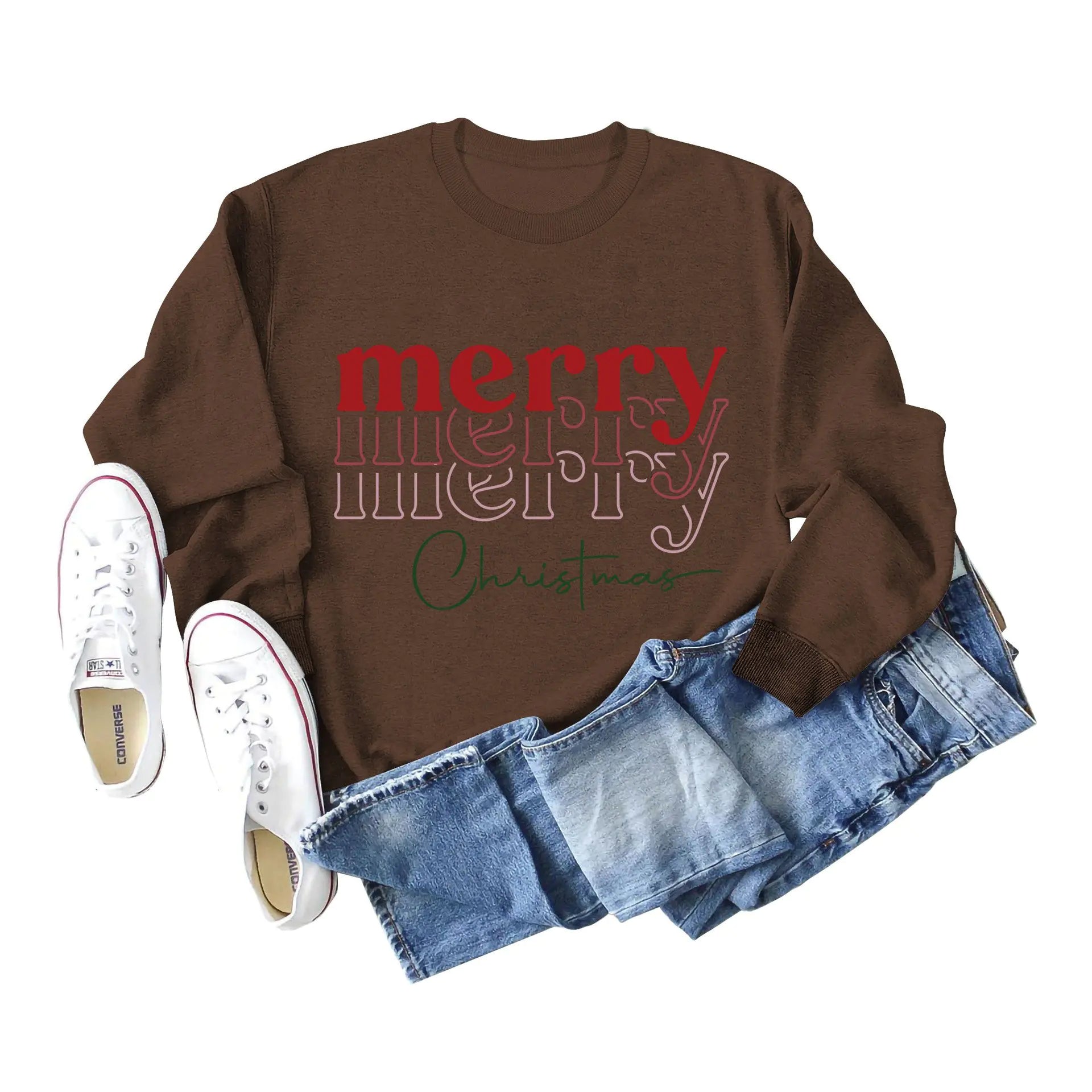 Christmas Letter Print Loose Long Sleeve Sweater for Girls
