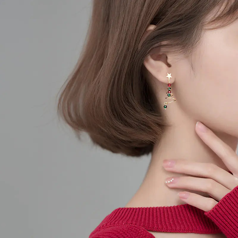 S925 Silver Rotating Christmas Tree Earrings for Women