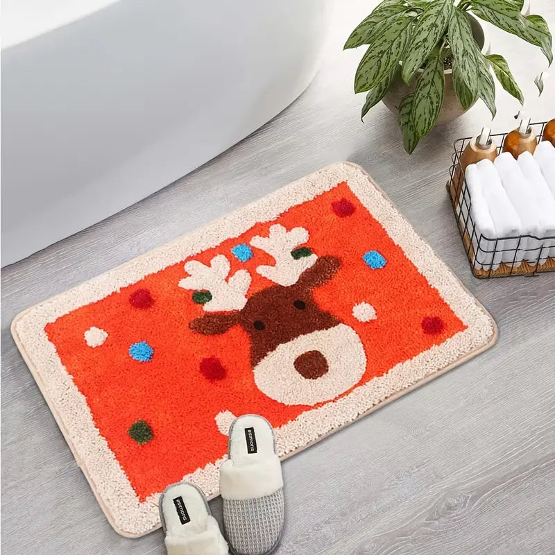 Graphic Christmas Bath Mat with Santa Snowman Design