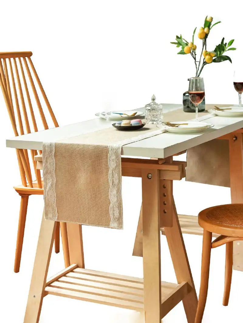 Lace Trim Linen Table Runner for Christmas & Weddings