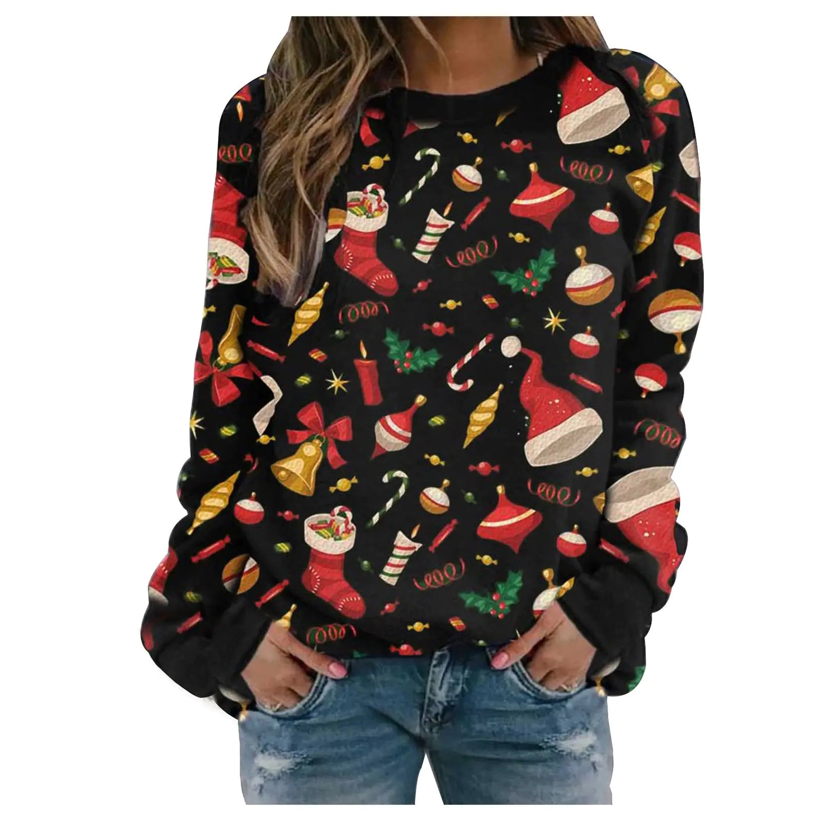European American Christmas Print Fleece Sweater