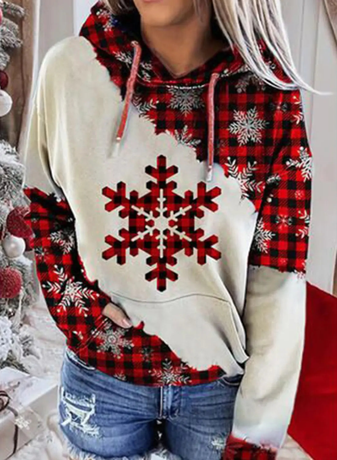 Christmas Print Contrast Hoodie Sweater