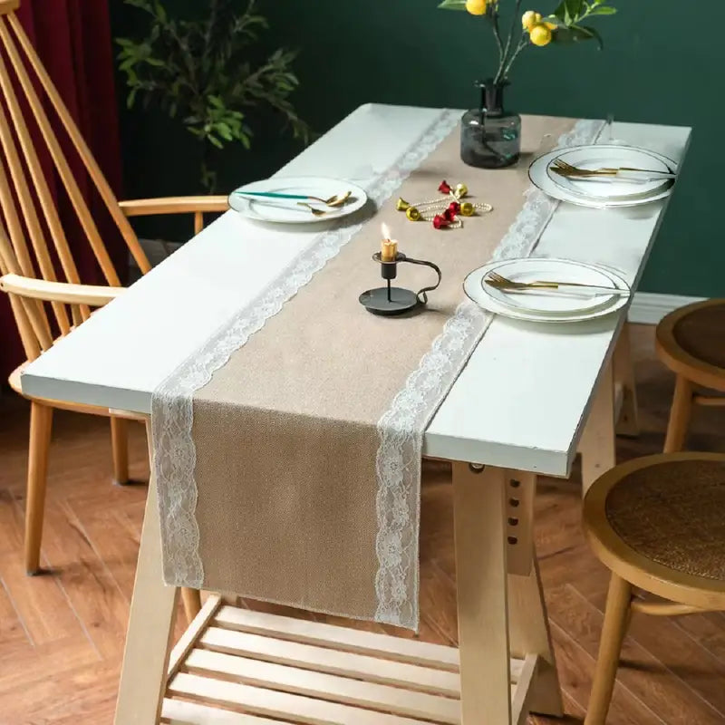 Lace Trim Linen Table Runner for Christmas & Weddings