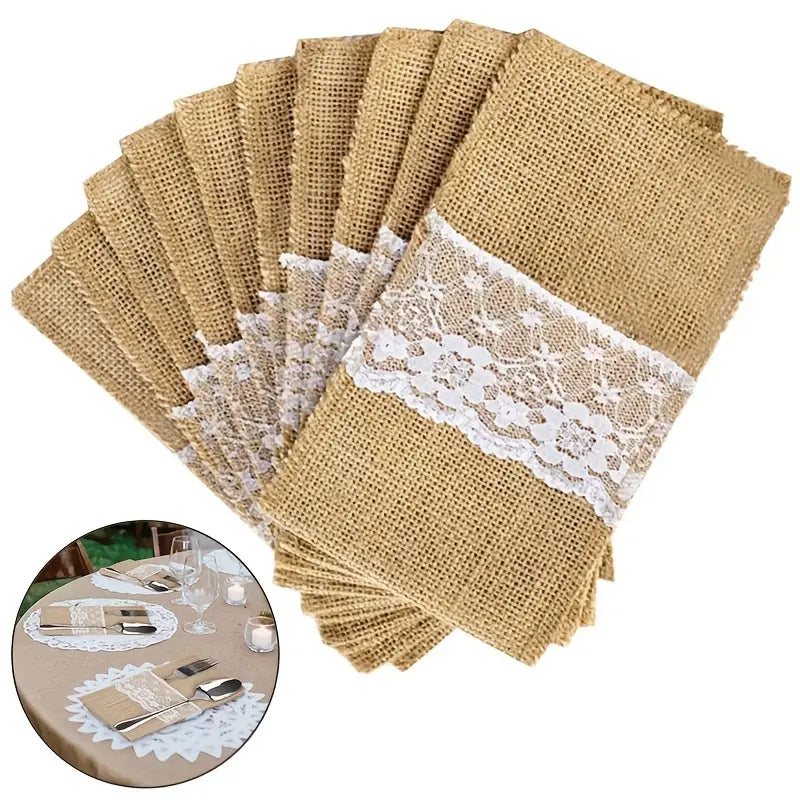 Burlap Lace Knife Fork Bag for Weddings and Christmas