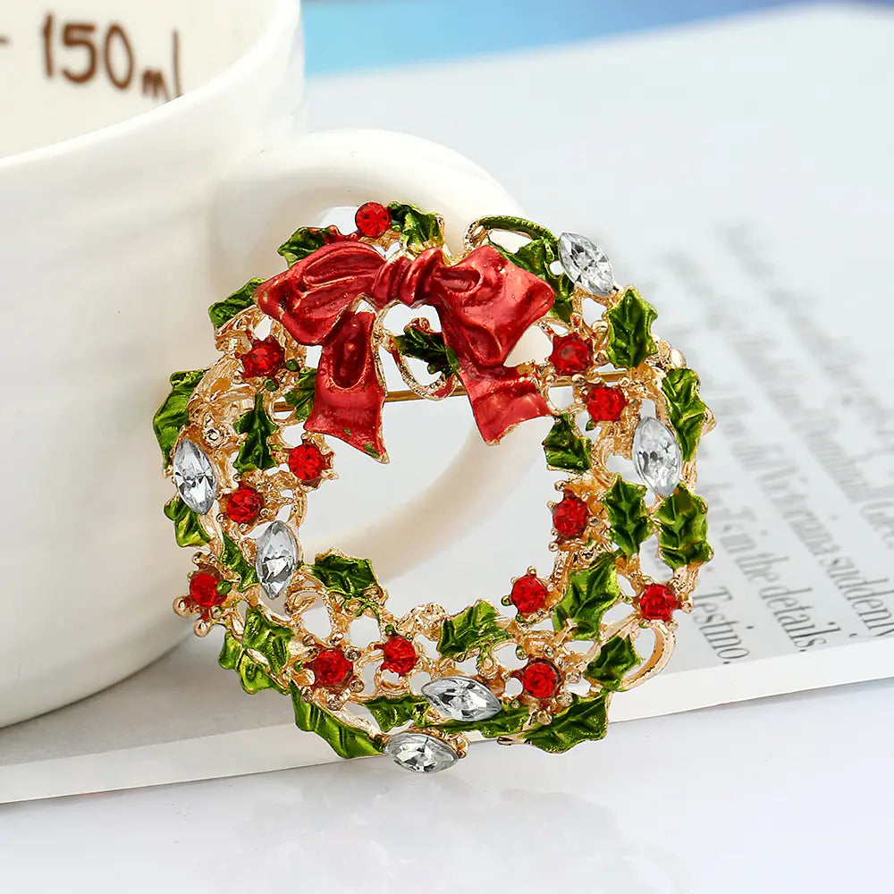 Colorful Rhinestone Bowtie Wreath Brooch for Christmas